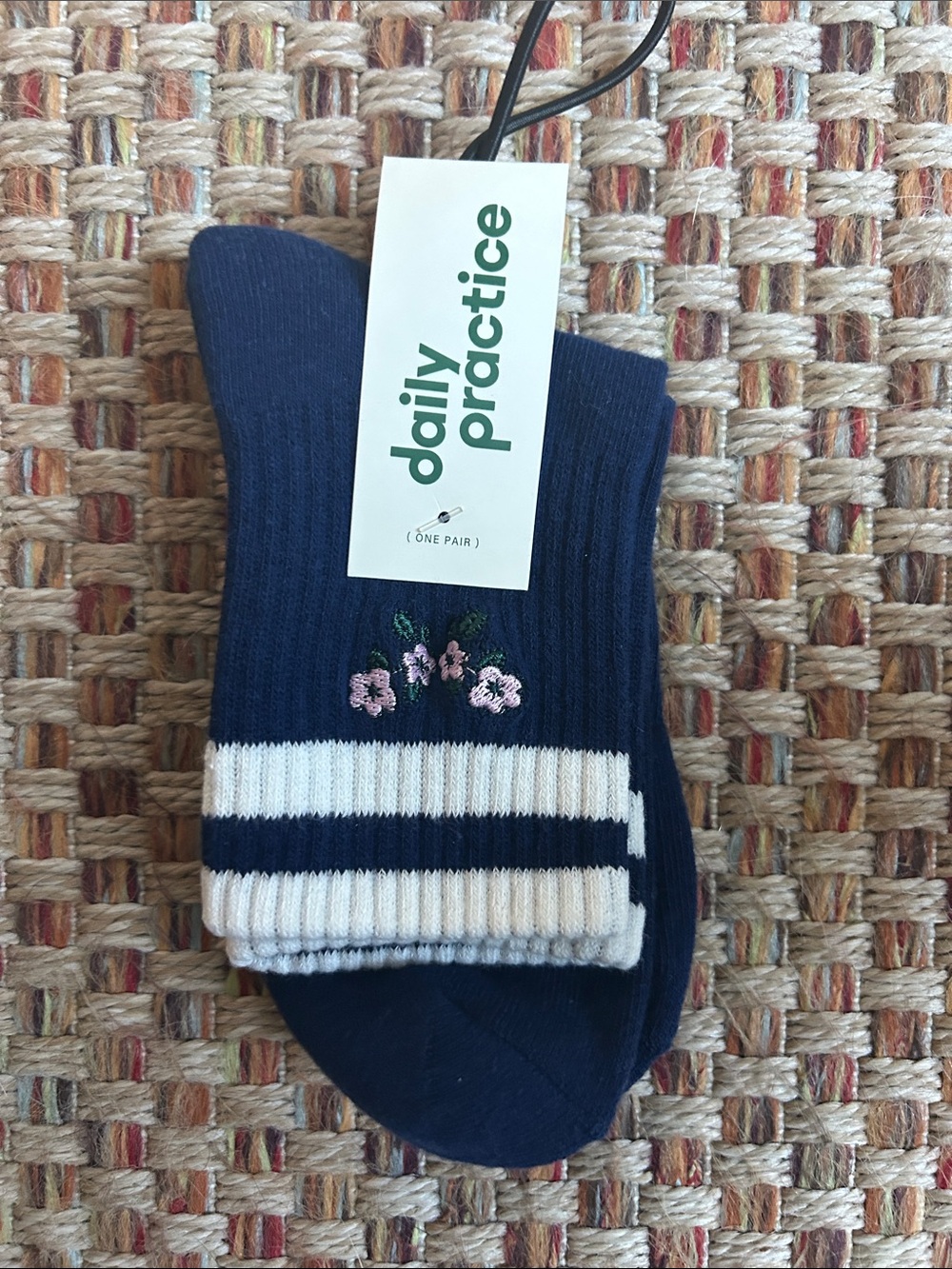 Anthropologie Navy Crew Socks with Pink Floral Embroidery